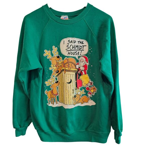 Vintage Christmas Sweater Womens Large Green Funny Santa Reindeer Pullover 80s - Picture 1 of 10